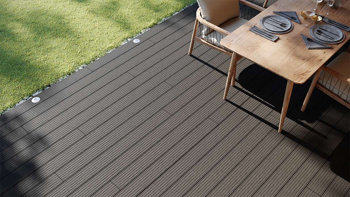 planeo LightWood WPC decking board hollow chamber - Dark grey 3.6m fine grooved/grooved