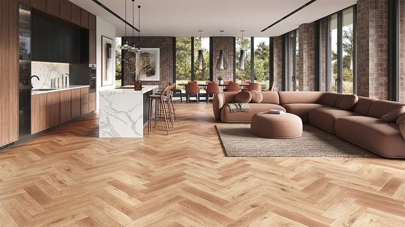 planeo Rigid Klick Vinyl - SolutionX 2in1 Herringbone Oak Natural Rustic | Impact sound insulation integrated (ECF-HB-0755)