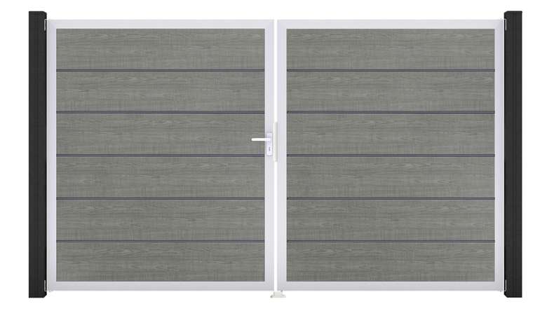 planeo Gardence Simply Premium - PVC door - DIN left 2-leaf Grey Ash Cut with silver aluminium frame | EV1 300 x 180 cm