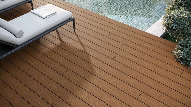 planeo CoEXWood WPC solid coated decking board - Sand/Caramel 4.8m structured