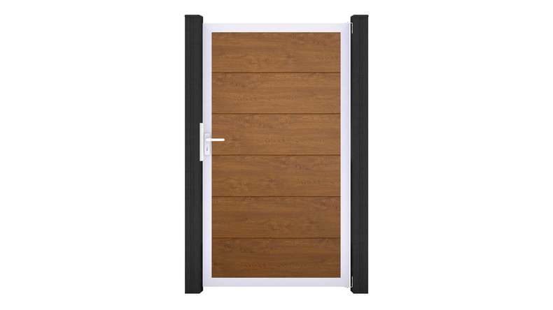 planeo Basic - PVC plug-in fence universal gate Golden Oak with aluminium frame in silver | EV1 100 x 180 cm