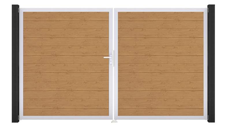 planeo Gardence Simply Small - PVC door - DIN left 2-leaf natural knotty oak with silver aluminium frame | EV1 300 x 180 cm