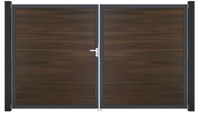 planeo Gardence Strong – BPC gate – double-leaf, walnut co-ex with aluminium frame 