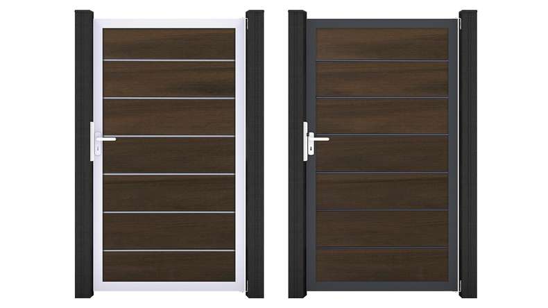 planeo Gardence Deluxe – BPC Universal Gate, Walnut co-ex with aluminium frame, 100 x 180 x 4 cm