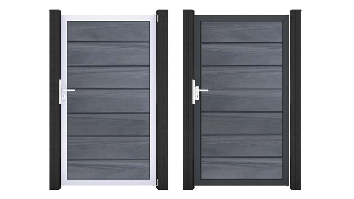 planeo Gardence Deluxe – BPC Universal Gate, Stone Grey co-ex with aluminium frame, 100 x 180 x 4 cm