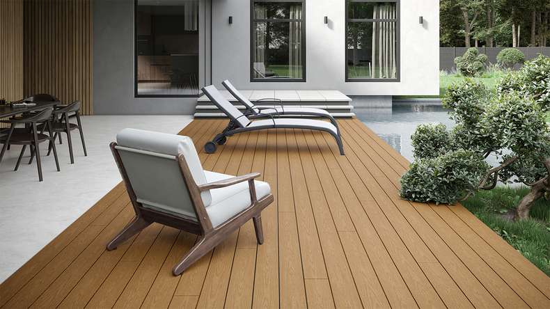 planeo CoEXWood WPC solid coated decking board - Sand/Caramel 4.8m structured