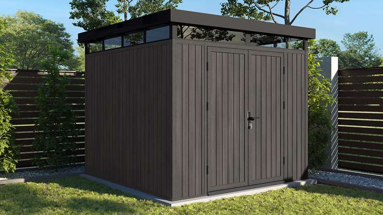 planeo WPC CoEx Flat-Roof Garden Shed M – Dark Grey 250 x 250 x 226.5 cm