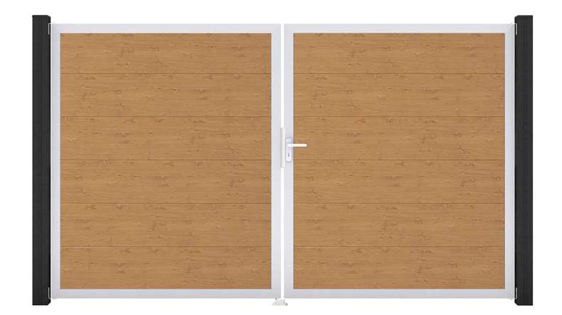 planeo Gardence Simply – 2-leaf PVC gate in natural knotty oak finish with aluminium frame