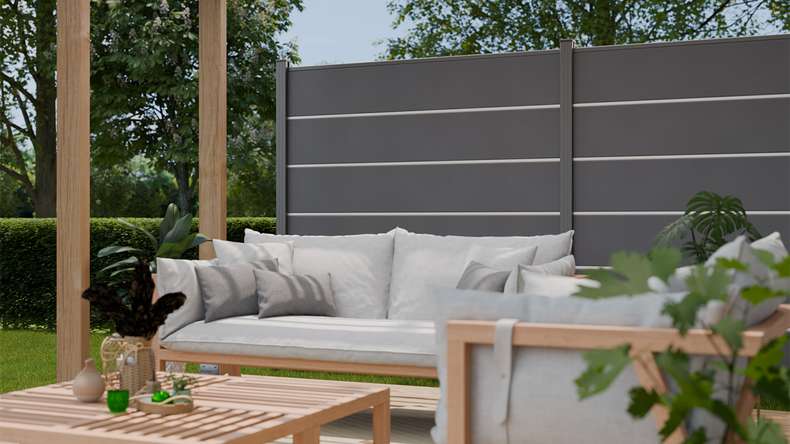 planeo Gardence Simply Premium - PVC plug-in fence anthracite grey with pilaster strips in anthracite 180 x 180 cm