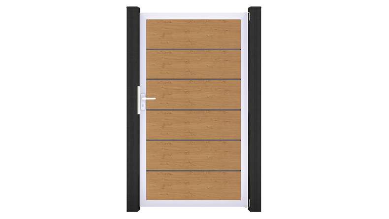 planeo Gardence Simply Premium – Universal PVC gate in natural knotty oak with aluminium frame, 100 x 180 cm