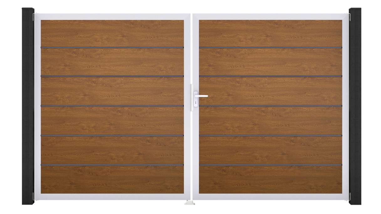 planeo Gardence Simply Premium – 2-panel Golden Oak PVC gate with aluminium frame, 300 x 180 cm