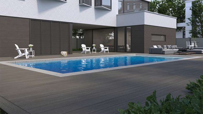 planeo MAXLine Nature - WPC CoEx coated XL decking board hollow chamber - dark grey 3m textured/smooth brushed