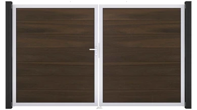 planeo Gardence Strong XL – BPC gate – double-leaf, walnut co-ex with aluminium frame 