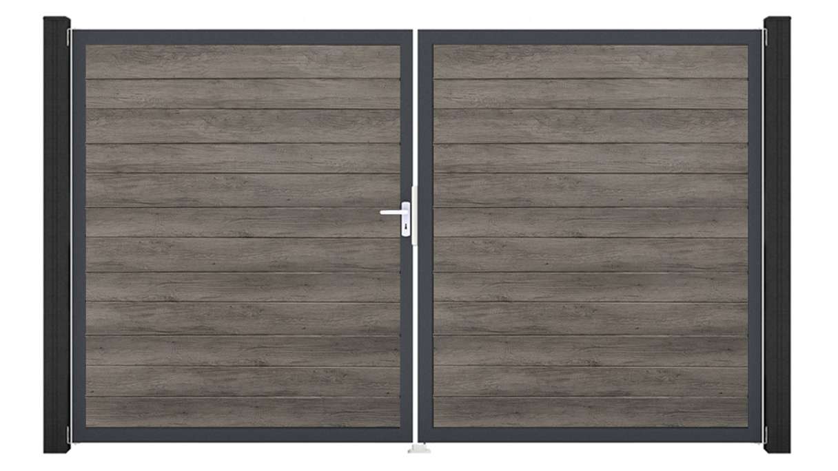 planeo Gardence Simply Small – 2-panel PVC gate in Monument Oak with aluminium frame, 300 x 180 cm