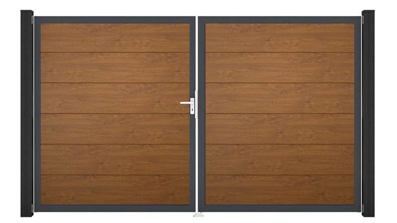 planeo Gardence Simply – 2-leaf PVC gate in Golden Oak with aluminium frame