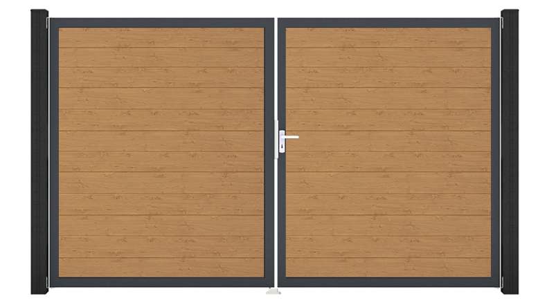 planeo Gardence Simply Small - PVC door - DIN right 2-leaf natural knotty oak with anthracite aluminium frame | DB703 300 x 180 cm