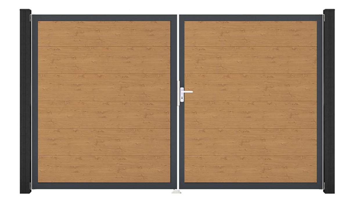 planeo Gardence Simply – 2-leaf PVC gate in natural knotty oak finish with aluminium frame
