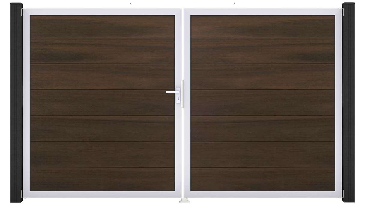 planeo Gardence Strong XL – BPC gate – double-leaf, walnut co-ex with aluminium frame