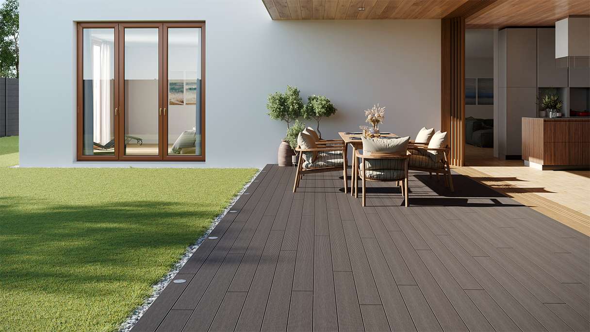 planeo LineWood WPC Solid decking board - Light grey 3m grooved/grooved