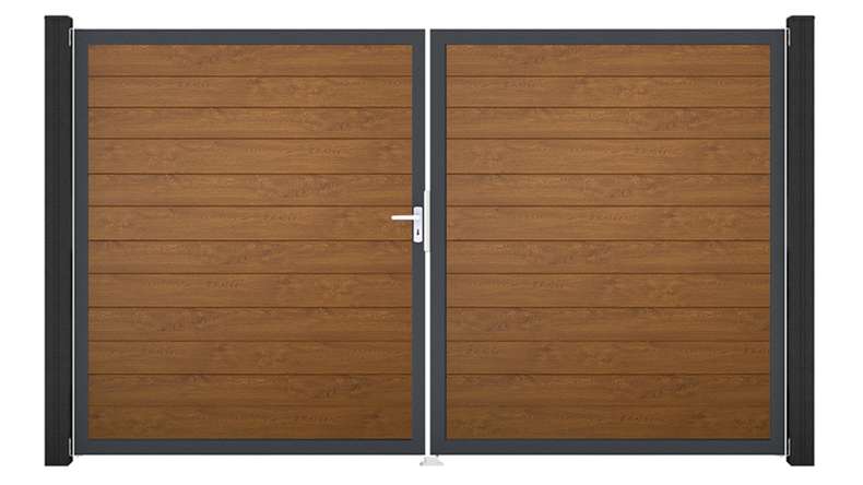 planeo Gardence Simply Small - PVC door - DIN left 2-leaf Golden Oak with anthracite aluminium frame | DB703 300 x 180 cm