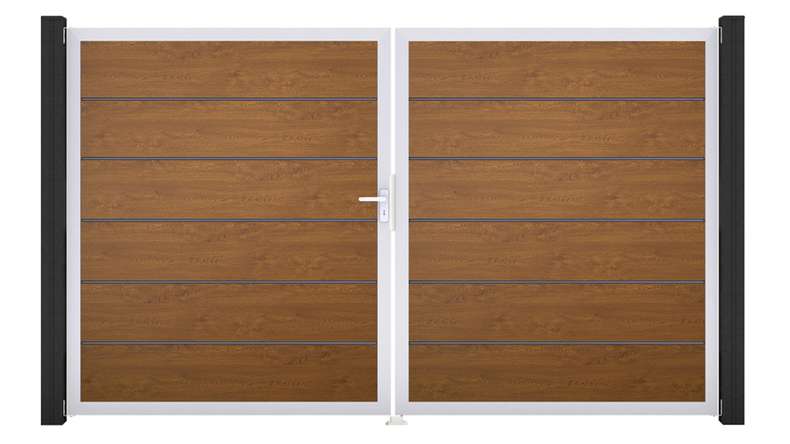 planeo Gardence Simply Premium - PVC door - DIN left 2-leaf Golden Oak with silver aluminium frame | EV1 300 x 180 cm