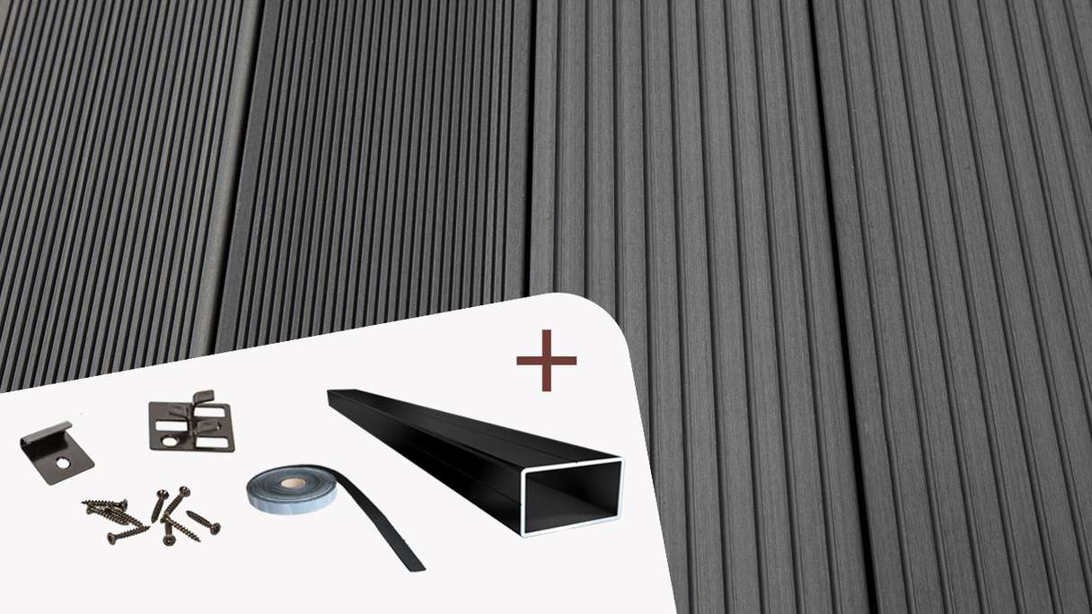Complete set TitanWood 4m solid plank grooved structure dark grey 8.2m² incl. Alu-UK