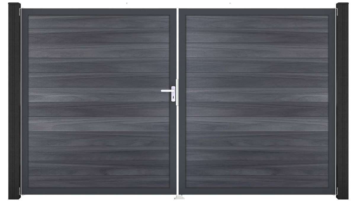 planeo Gardence Strong – BPC gate – double-leaf, stone grey co-ex with aluminium frame