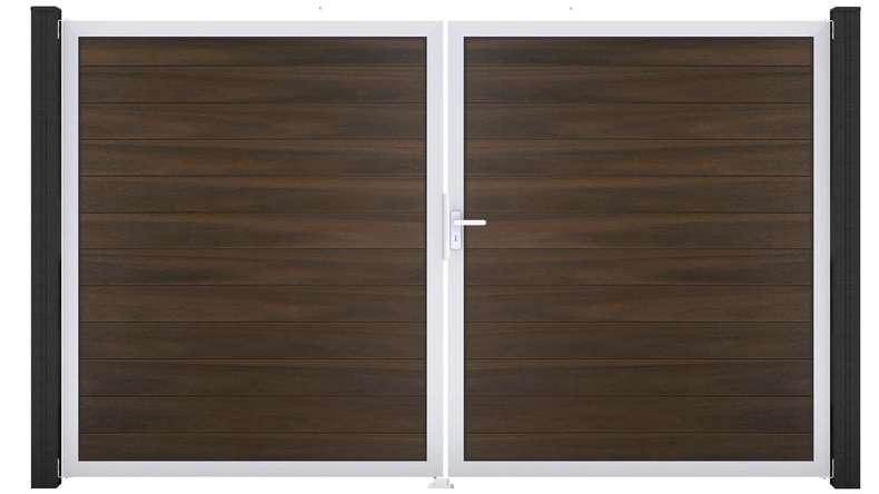 planeo Gardence Strong – BPC gate – double-leaf, walnut co-ex with aluminium frame 