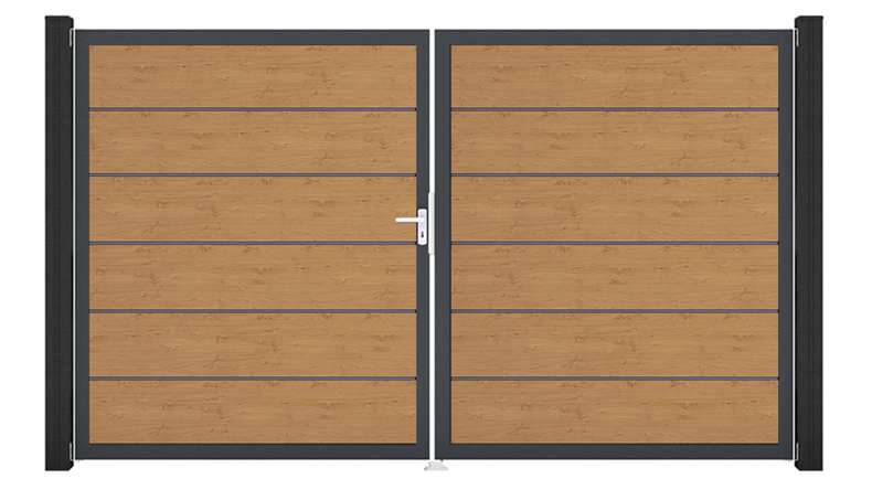planeo Gardence Simply Premium – 2-panel PVC gate in natural knotty oak finish with aluminium frame, 300 x 180 cm