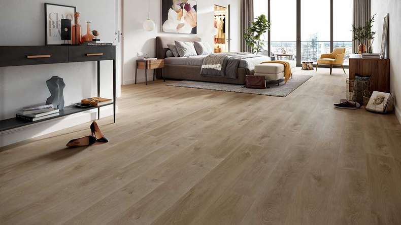 planeo Rigid Klick Vinyl - HOMEtec Basic 30 IXPE Sunlit Amber Oak | Impact sound insulation integrated (RP-E30-5)