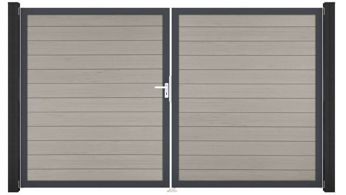 planeo Gardence Strong – BPC gate – double-leaf, two-tone sand with aluminium frame
