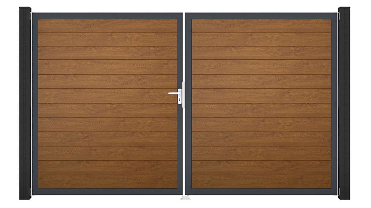 planeo Gardence Simply Small – 2-panel PVC gate in Golden Oak with aluminium frame, 300 x 180 cm