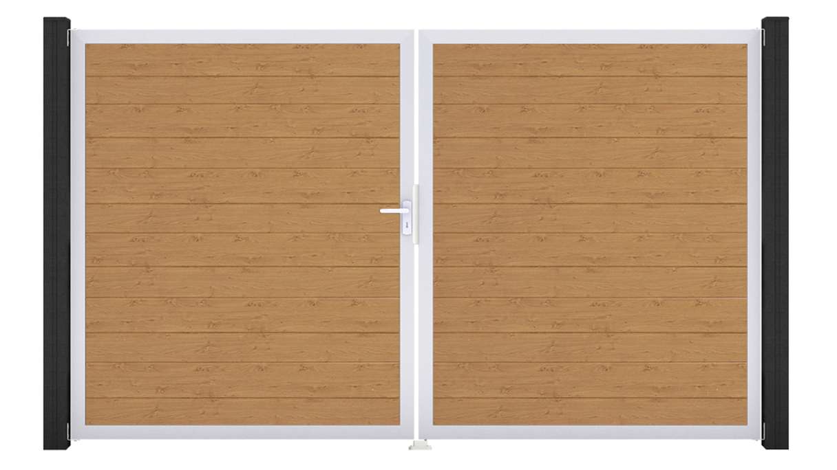 planeo Gardence Simply Small – 2-panel PVC gate in natural knotty oak finish with aluminium frame, 300 x 180 cm