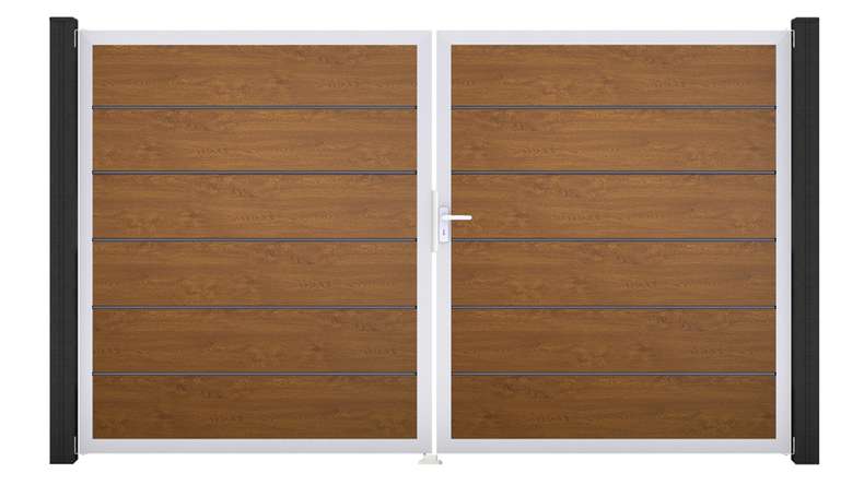 planeo Gardence Simply Premium - PVC door - DIN right 2-leaf Golden Oak with silver aluminium frame | EV1 300 x 180 cm