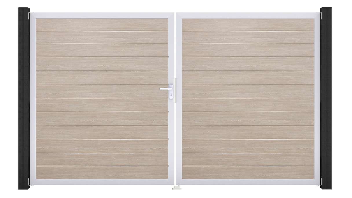 planeo Gardence Simply Small - PVC door - DIN left 2-leaf Sheffield Oak with silver aluminium frame | EV1 300 x 180 cm