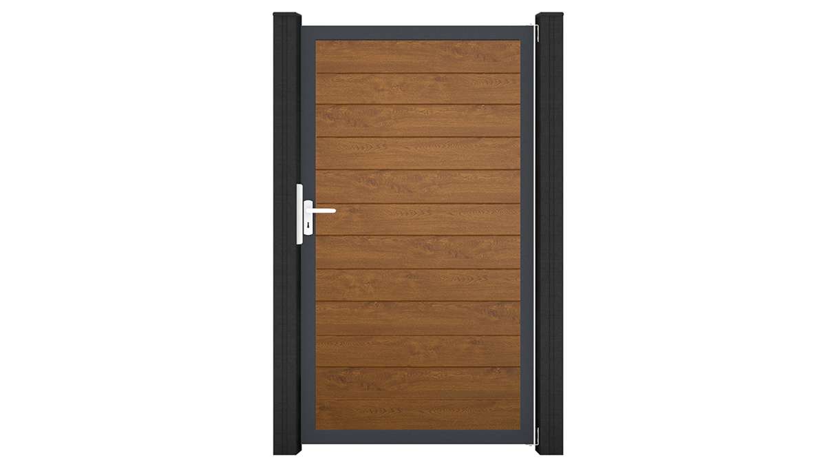 planeo Gardence Simply Small – Golden Oak universal PVC gate with aluminium frame, 100 x 180 cm