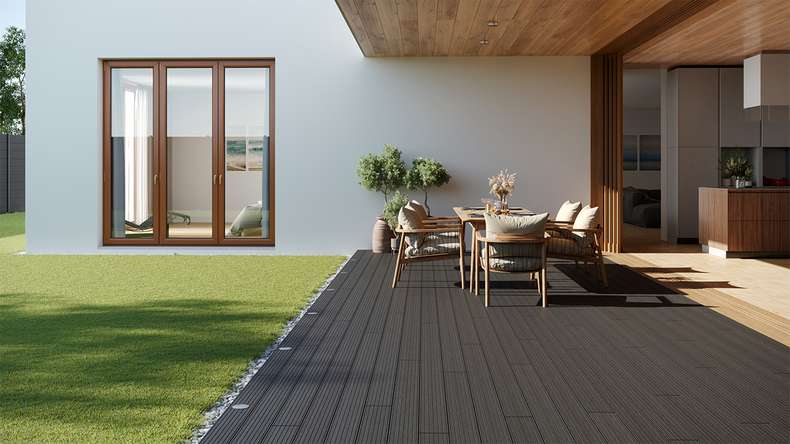 planeo LightWood WPC decking board hollow chamber - Dark grey 3m fine grooved/grooved