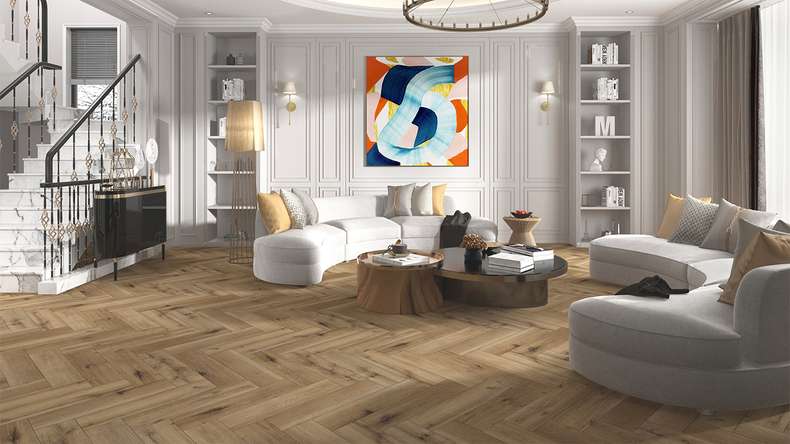 planeo Rigid Klick Vinyl - SolutionX 2in1 Herringbone Oak Natural Brown | Impact sound insulation integrated (ECF-HB-3955)