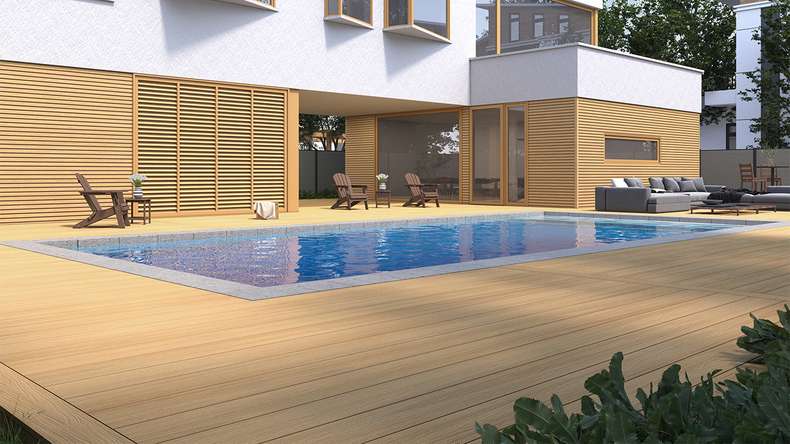 planeo MAXLine Nature - WPC CoEx coated XL decking board hollow chamber - sand 3m textured/smooth brushed