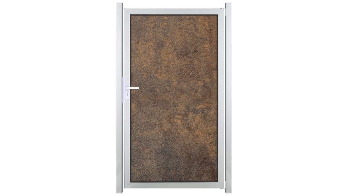 planeo Gardence Resistant – HPL privacy screen, rust-effect gate with aluminium frame