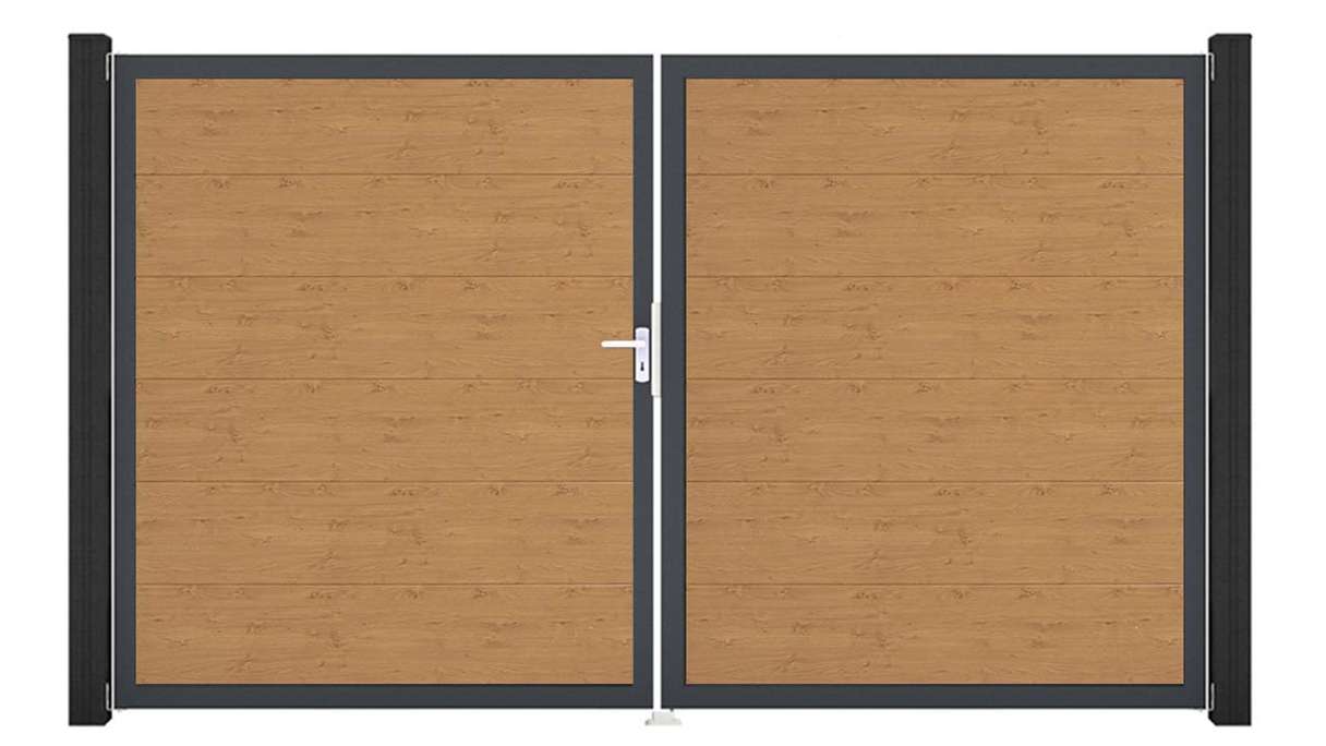 planeo Gardence Simply – 2-leaf PVC gate in natural knotty oak finish with aluminium frame