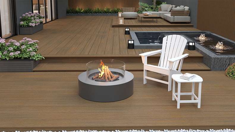 planeo MAXLine Nature - WPC CoEx wrapped XL decking board hollow chamber - Burma teak 3m textured/smooth brushed