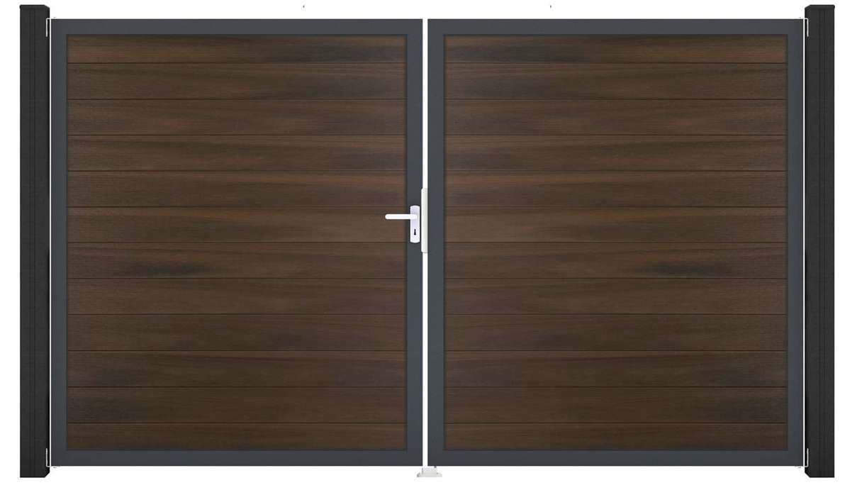 planeo Gardence Strong – BPC gate – double-leaf, walnut co-ex with aluminium frame