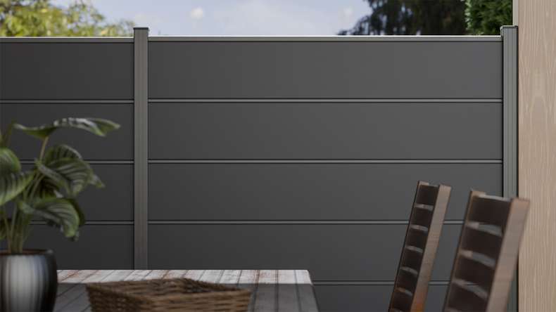 planeo Gardence Simply Premium - PVC plug-in fence anthracite grey with pilaster strips in anthracite 180 x 180 cm