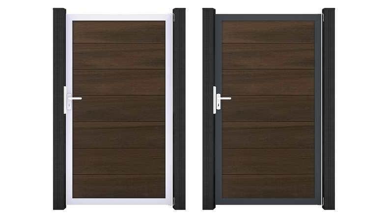 planeo Gardence Strong XL – BPC universal gate, walnut co-ex with aluminium frame, 100 x 180 x 4 cm