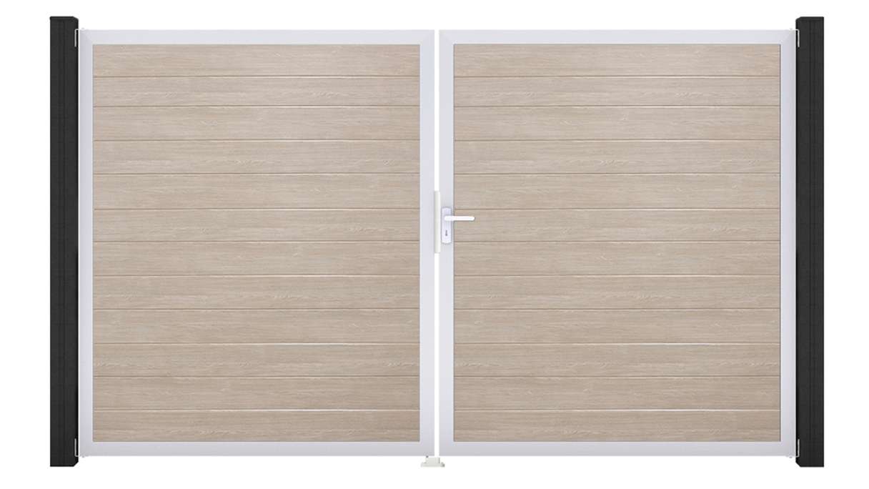 planeo Gardence Simply Small - PVC door - DIN right 2-leaf Sheffield Oak with silver aluminium frame | EV1 300 x 180 cm