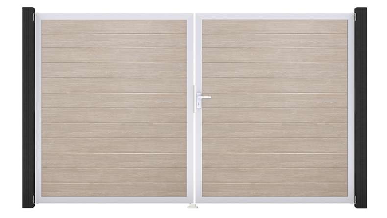 planeo Gardence Simply Small - PVC door - DIN right 2-leaf Sheffield Oak with silver aluminium frame | EV1 300 x 180 cm