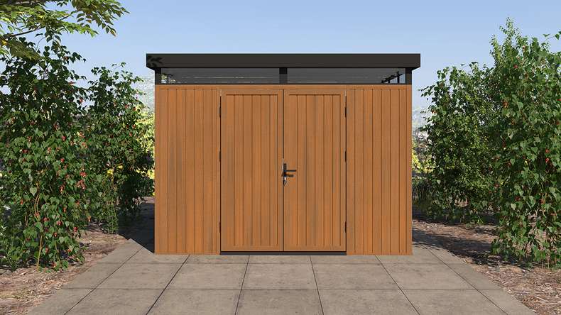 planeo WPC CoEx Flat-Roof Garden Shed L – Burma Teak 300 x 292 x 226.5 cm