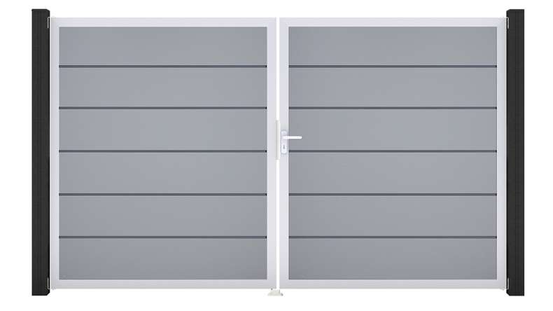 planeo Gardence Simply Premium - PVC door - DIN right 2-leaf silver grey with silver aluminium frame | EV1 300 x 180 cm