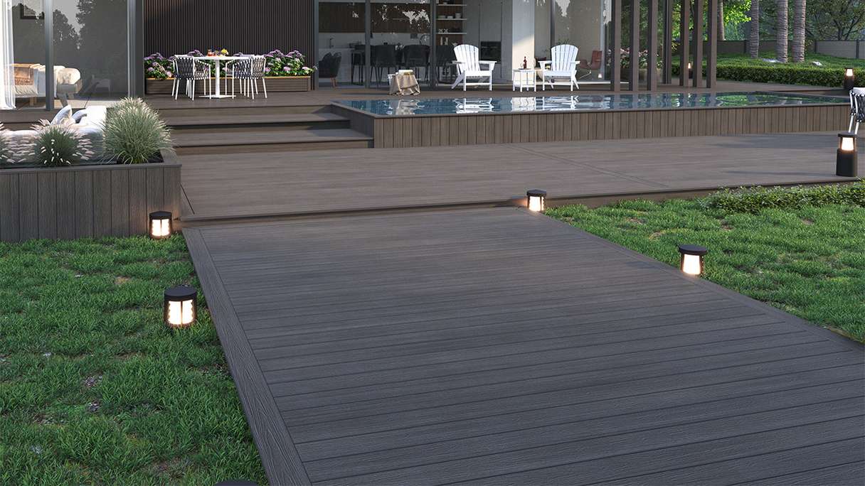planeo WOODLine Nature - WPC CoEx coated decking board hollow chamber - dark grey 3m textured/smooth brushed